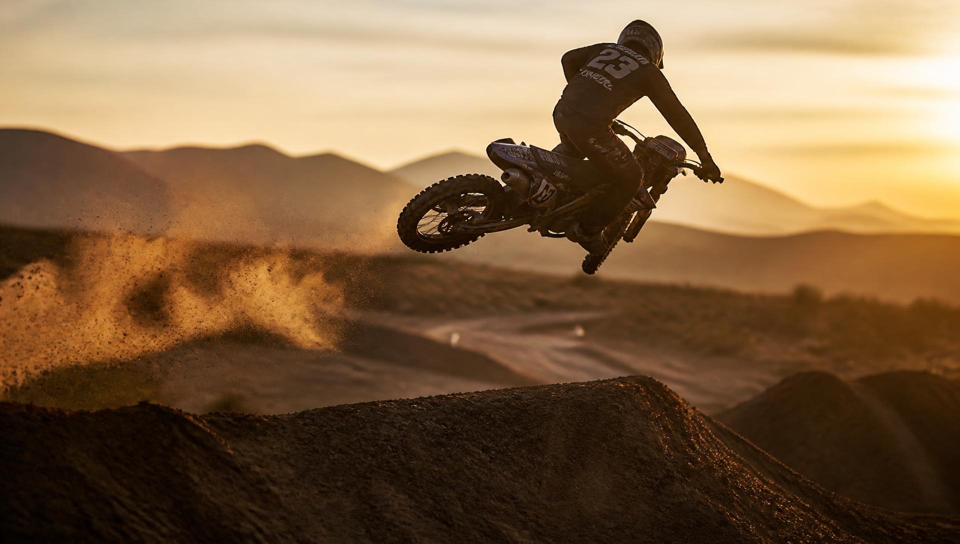 Motocross rider launching a dirt jump at golden hour