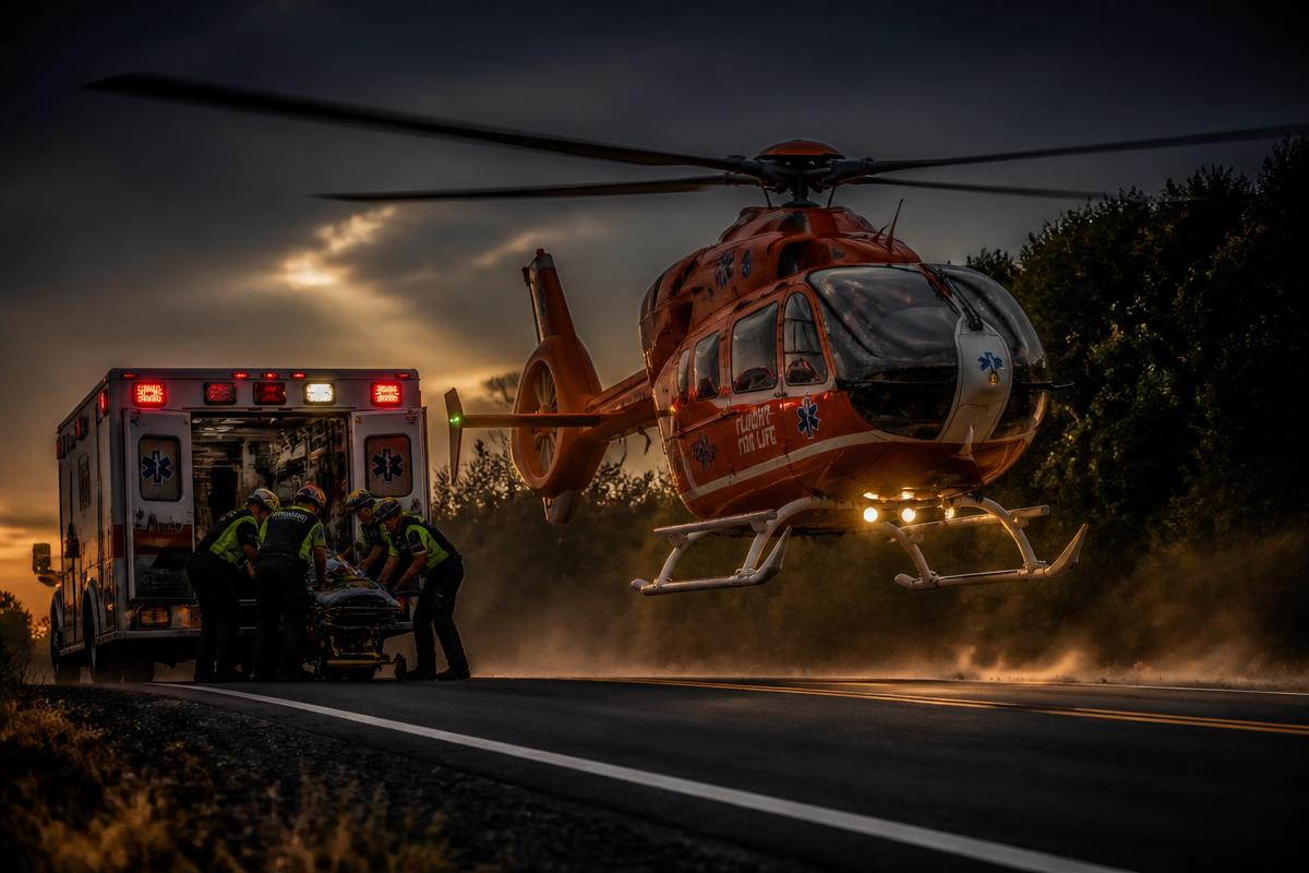 Medevac helicopter lifting off beside an ambulance as paramedics load a patient