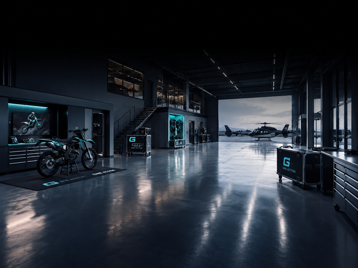 GME ACTION hangar with a race bike and medical transport helicopter