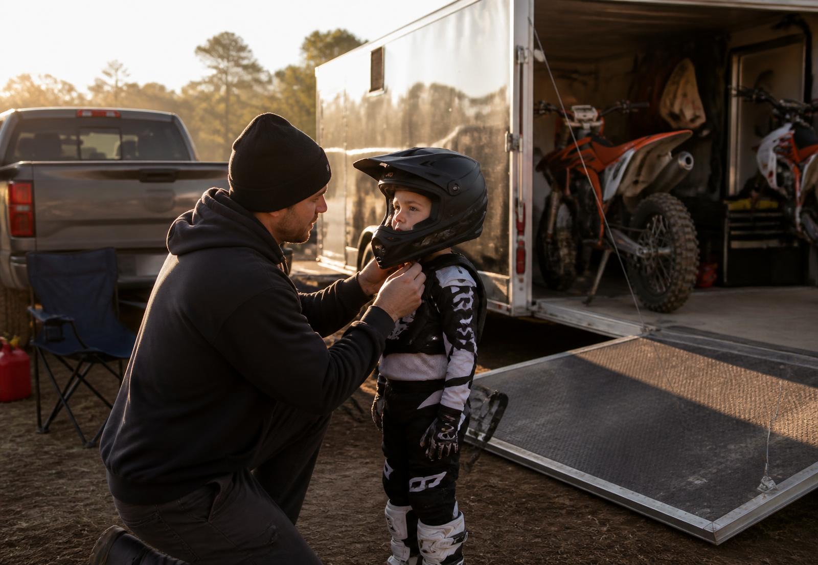 Parent helping a young rider with a helmet at a race weekend