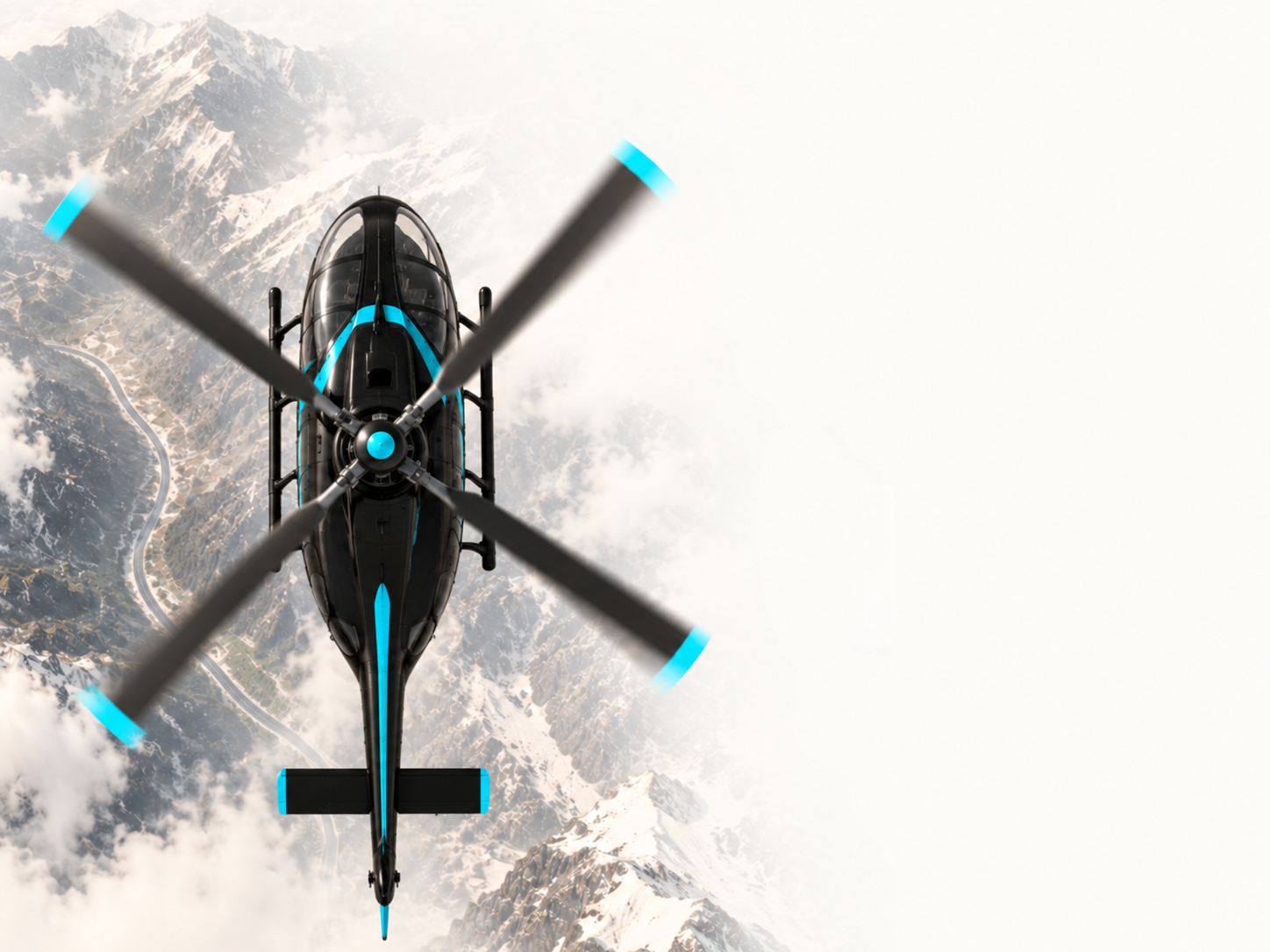 GME ACTION helicopter flying over snow-covered peaks