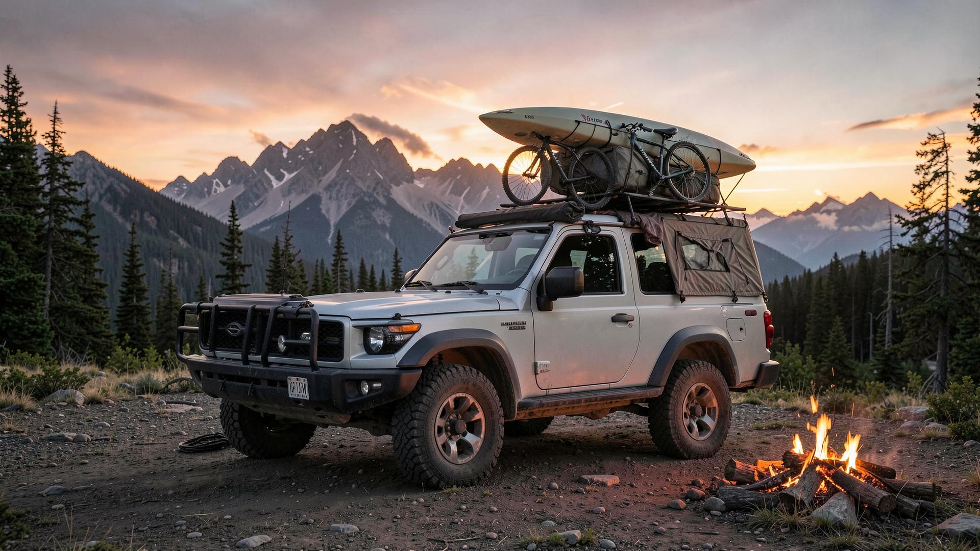 Overland 4x4 with rooftop tent camped at a remote mountain site at sunset
