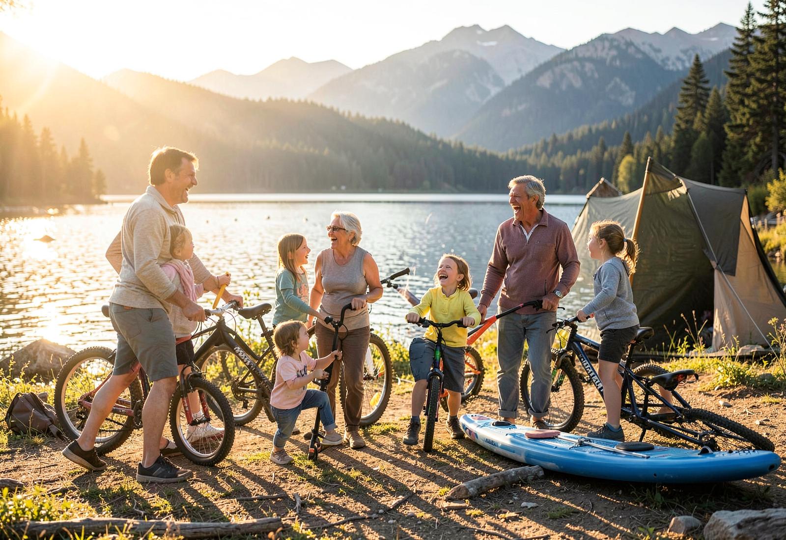 Family at a lakeside mountain campsite loading bikes and paddleboards