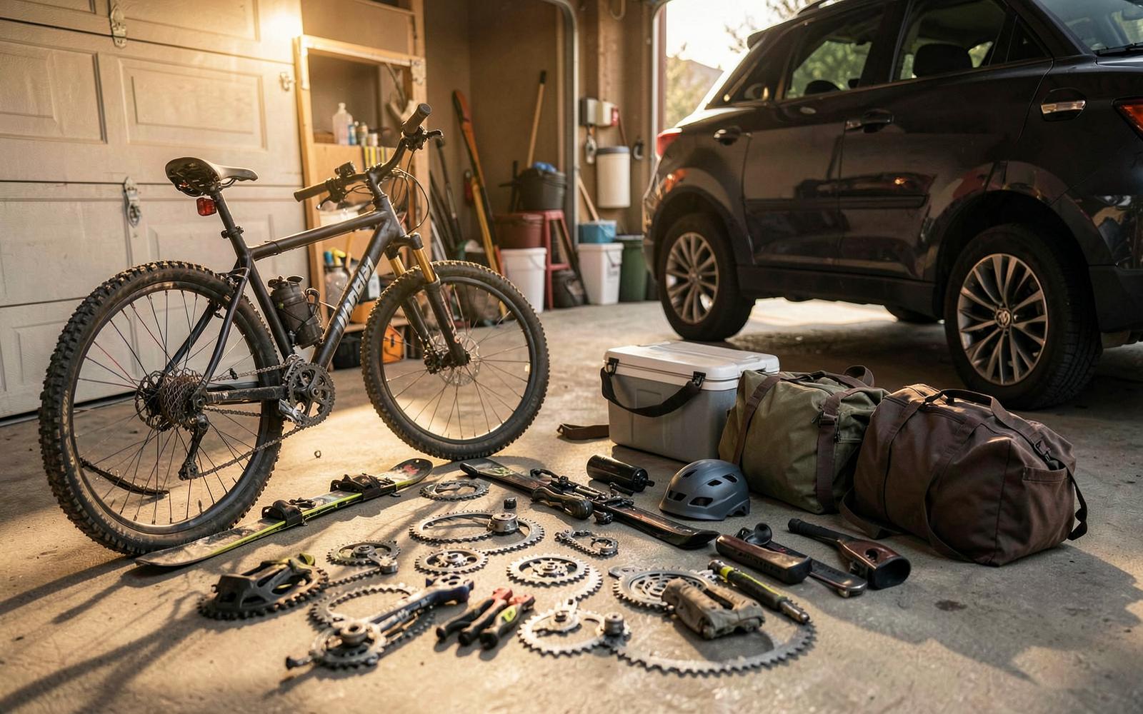 Bikes, skis, packs and bags laid out in a garage before a trip