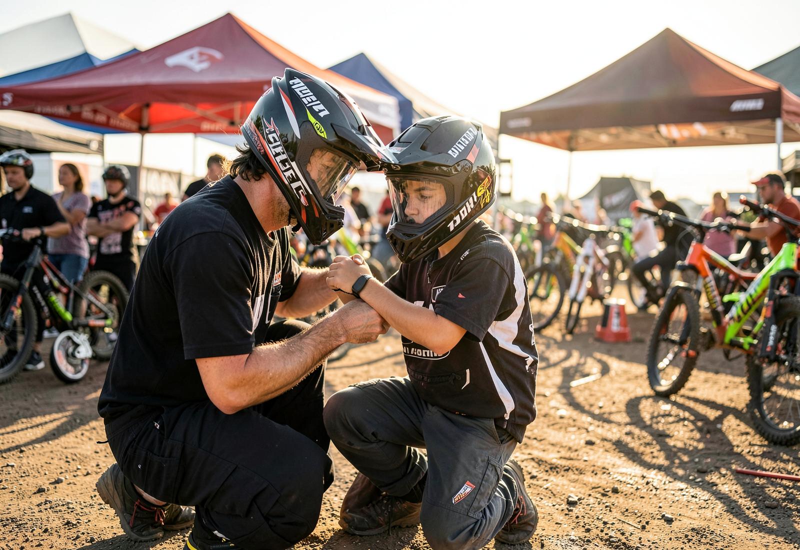 Parent adjusting a young BMX racer's helmet at the track