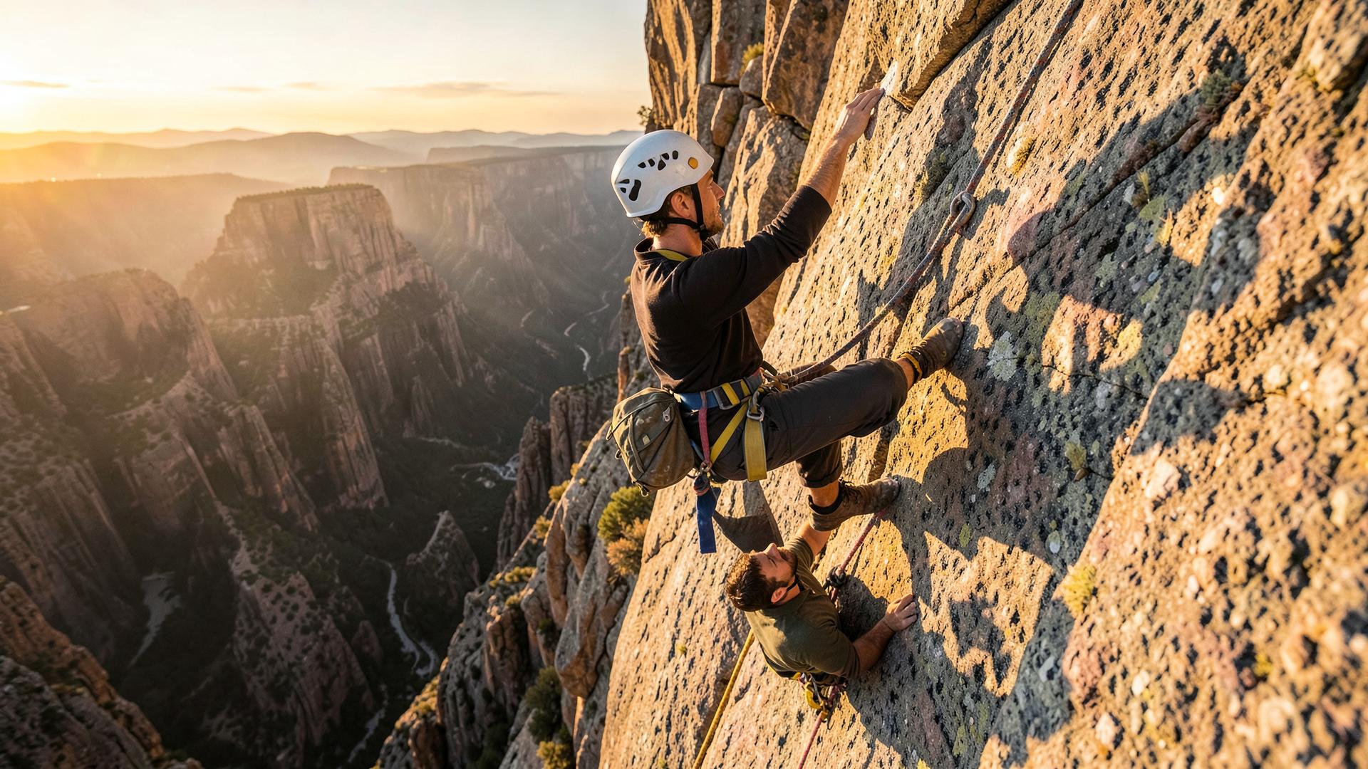 Roped climber on a granite face high above a canyon