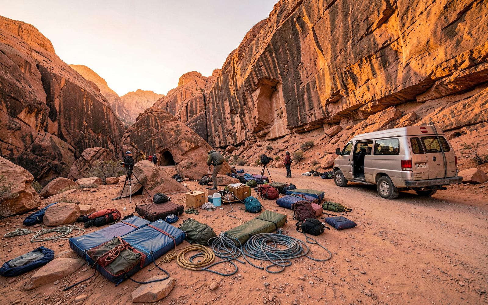 Climbers' basecamp with pads and ropes below desert sandstone walls