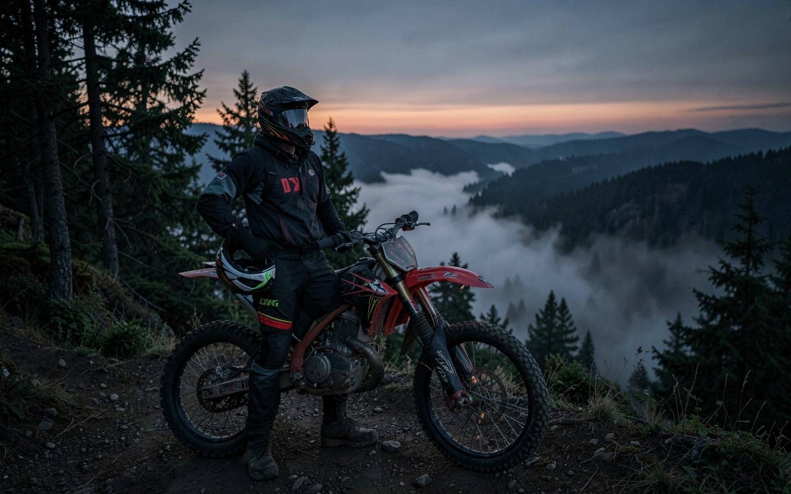 Enduro bikes parked at a remote forest trailhead