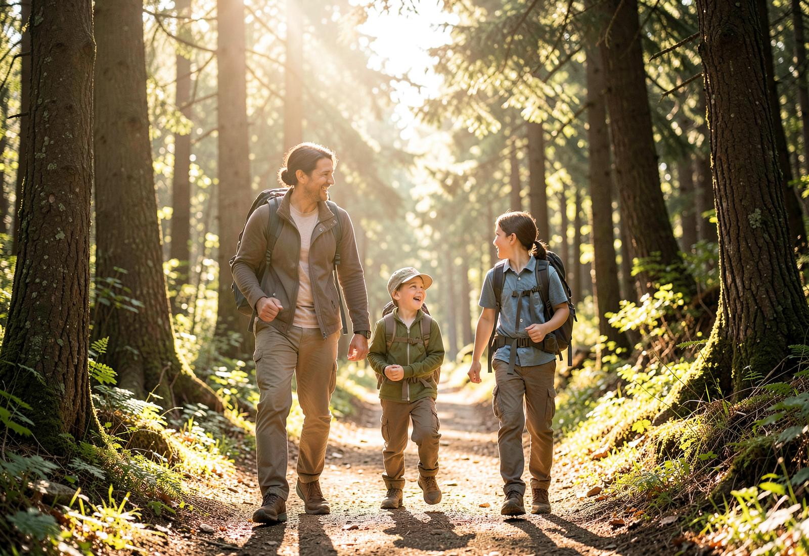 Family hiking a sunlit forest trail together