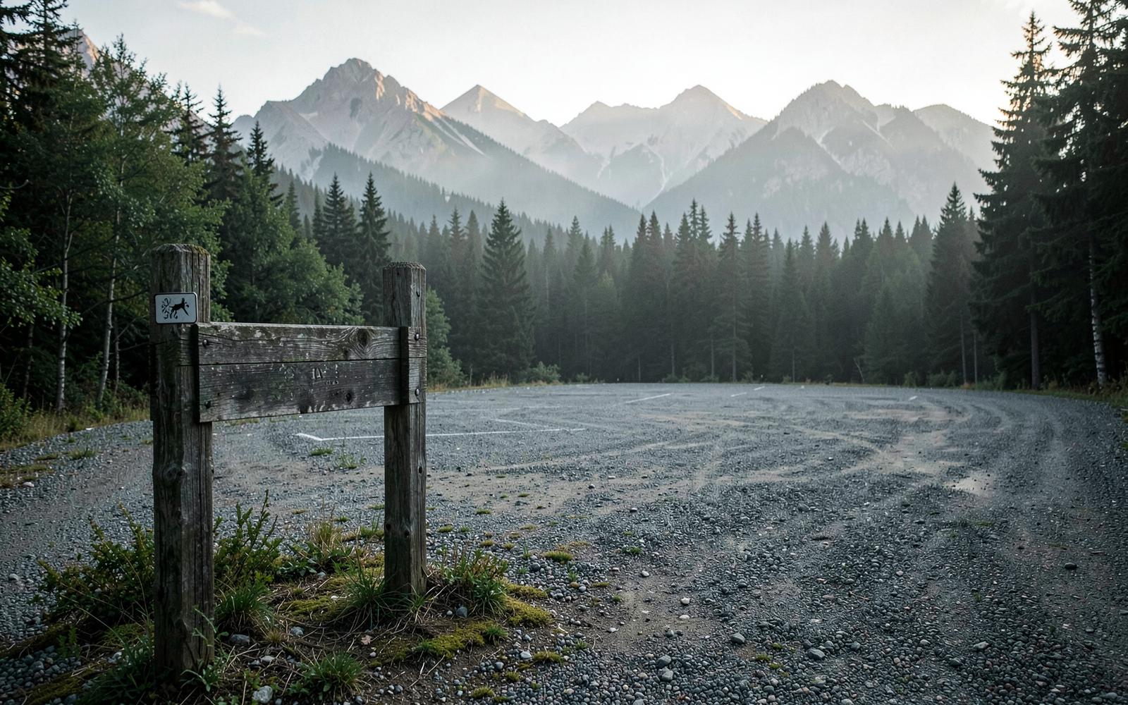 Remote trailhead sign and empty gravel lot below mountains
