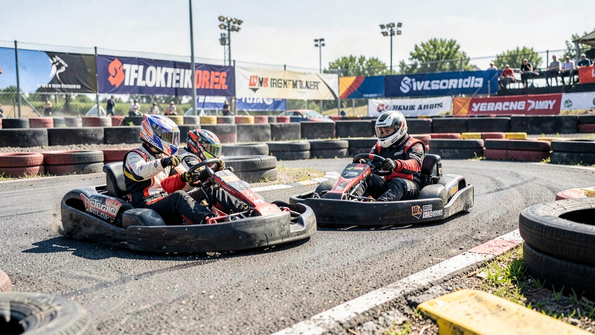 Shifter karts racing wheel to wheel through a corner