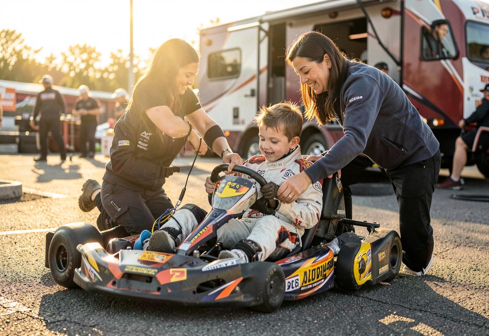 Parent helping a young kart racer with a helmet in the paddock