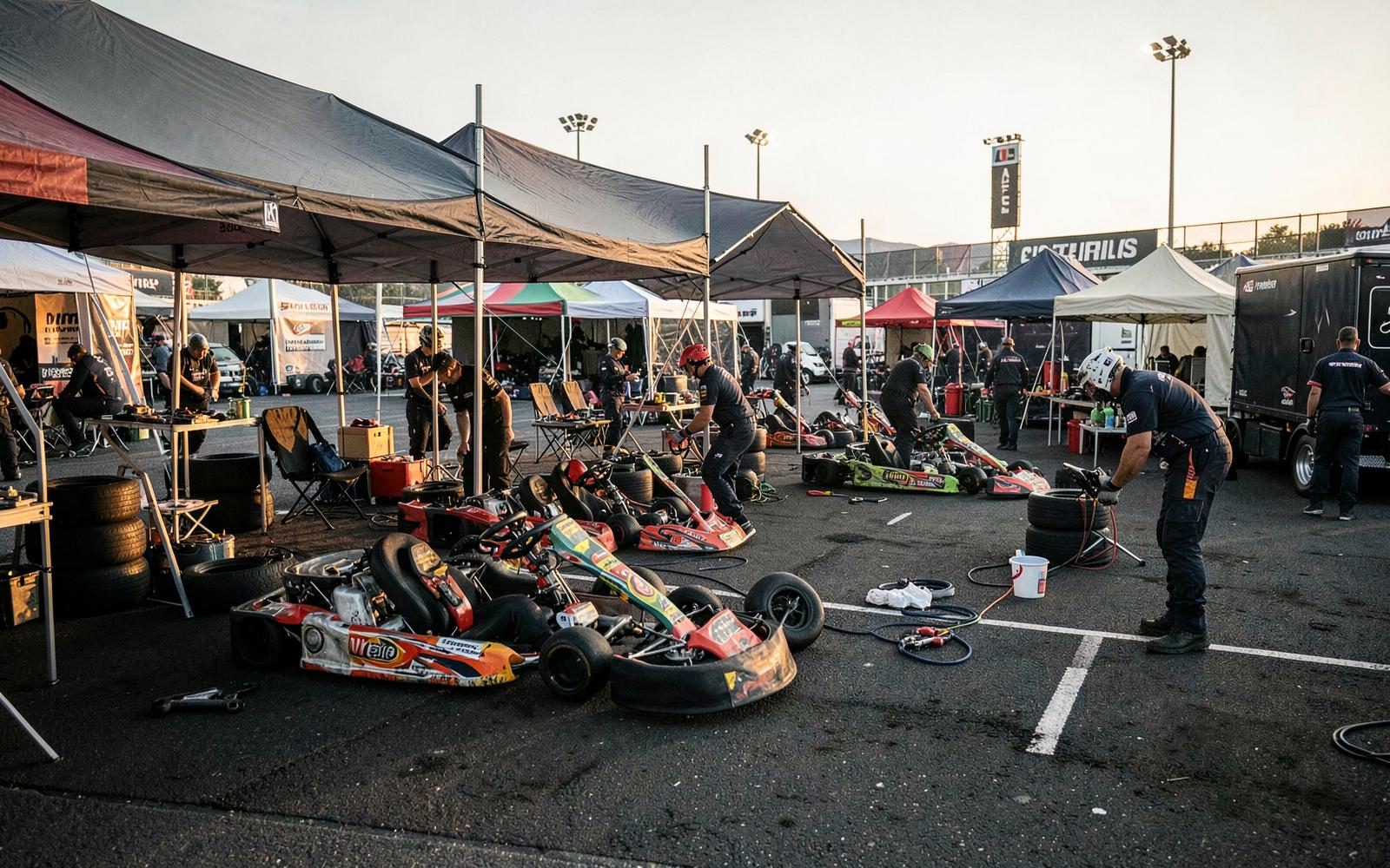 Kart racing paddock with karts, tires and awnings at a race weekend