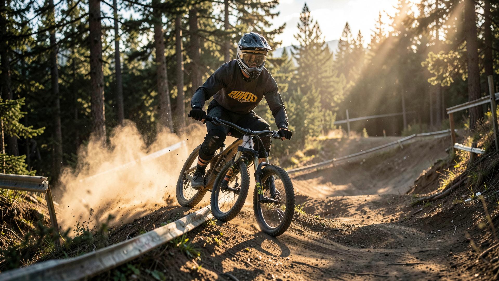 Mountain biker railing a bermed corner on a forest trail