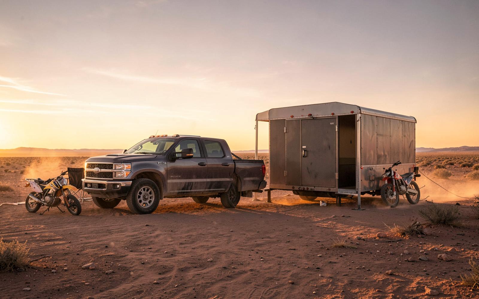 Trucks and trailers at a remote desert staging area at sunrise