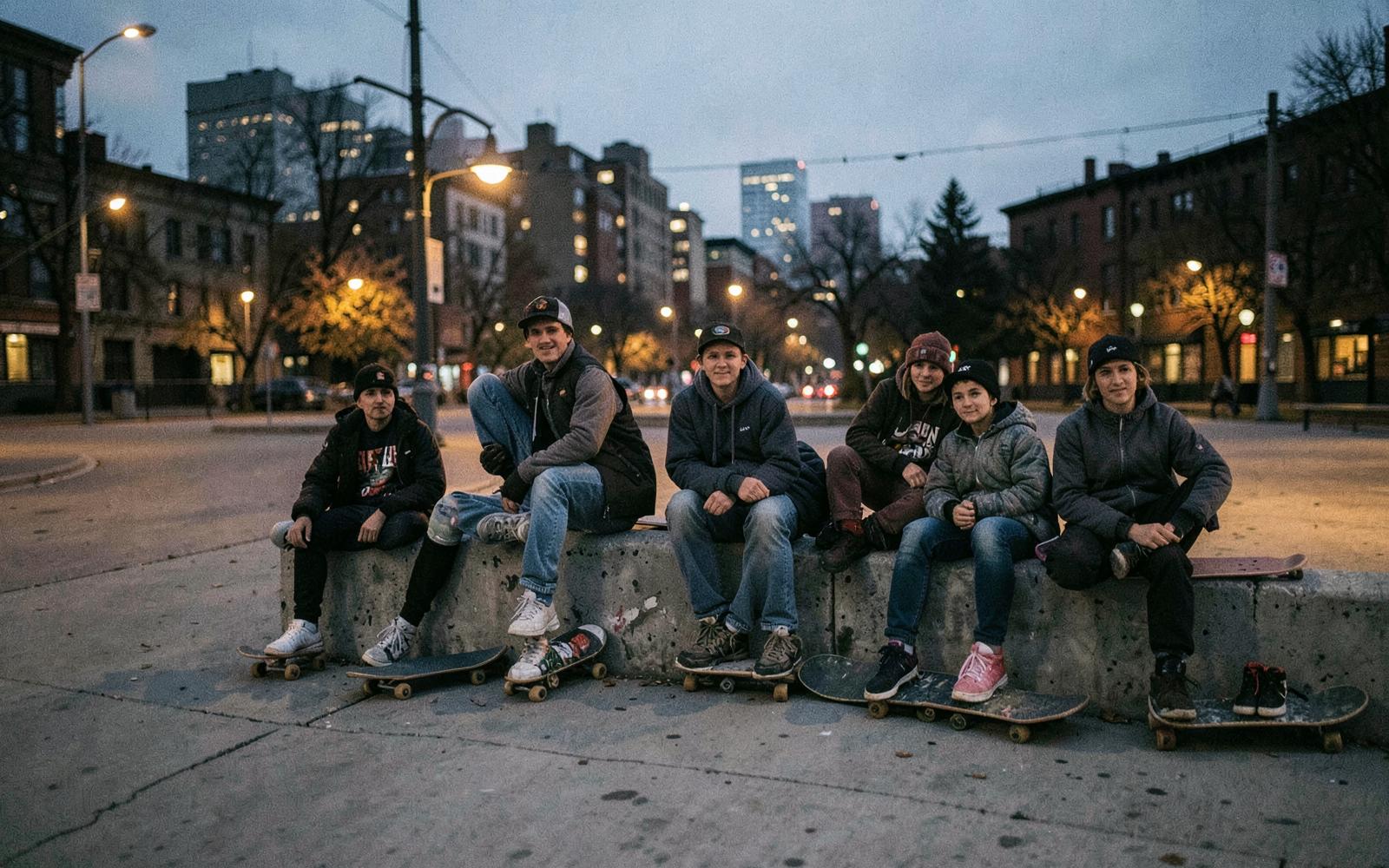 Skaters sitting with boards at a city park at dusk