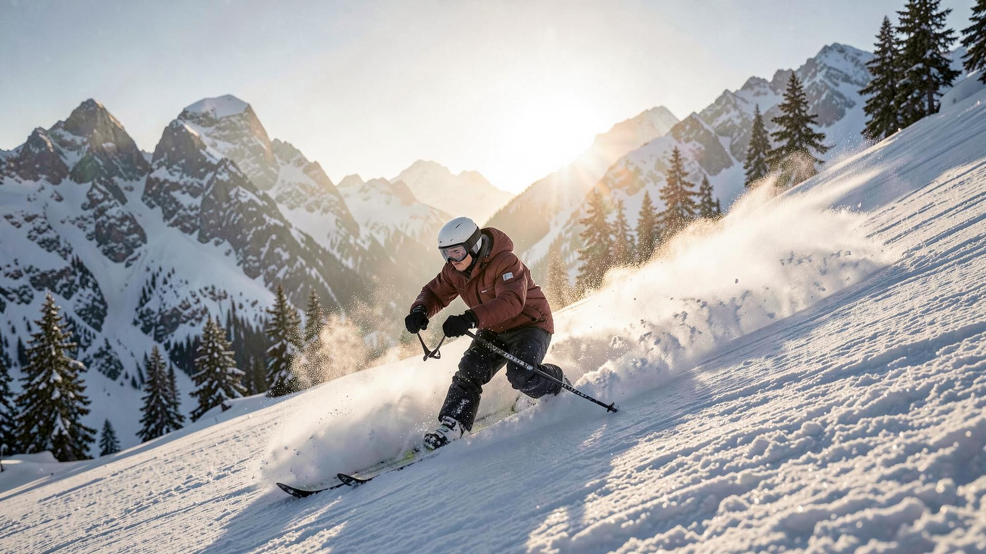 Skier carving through deep snow on an open mountain face