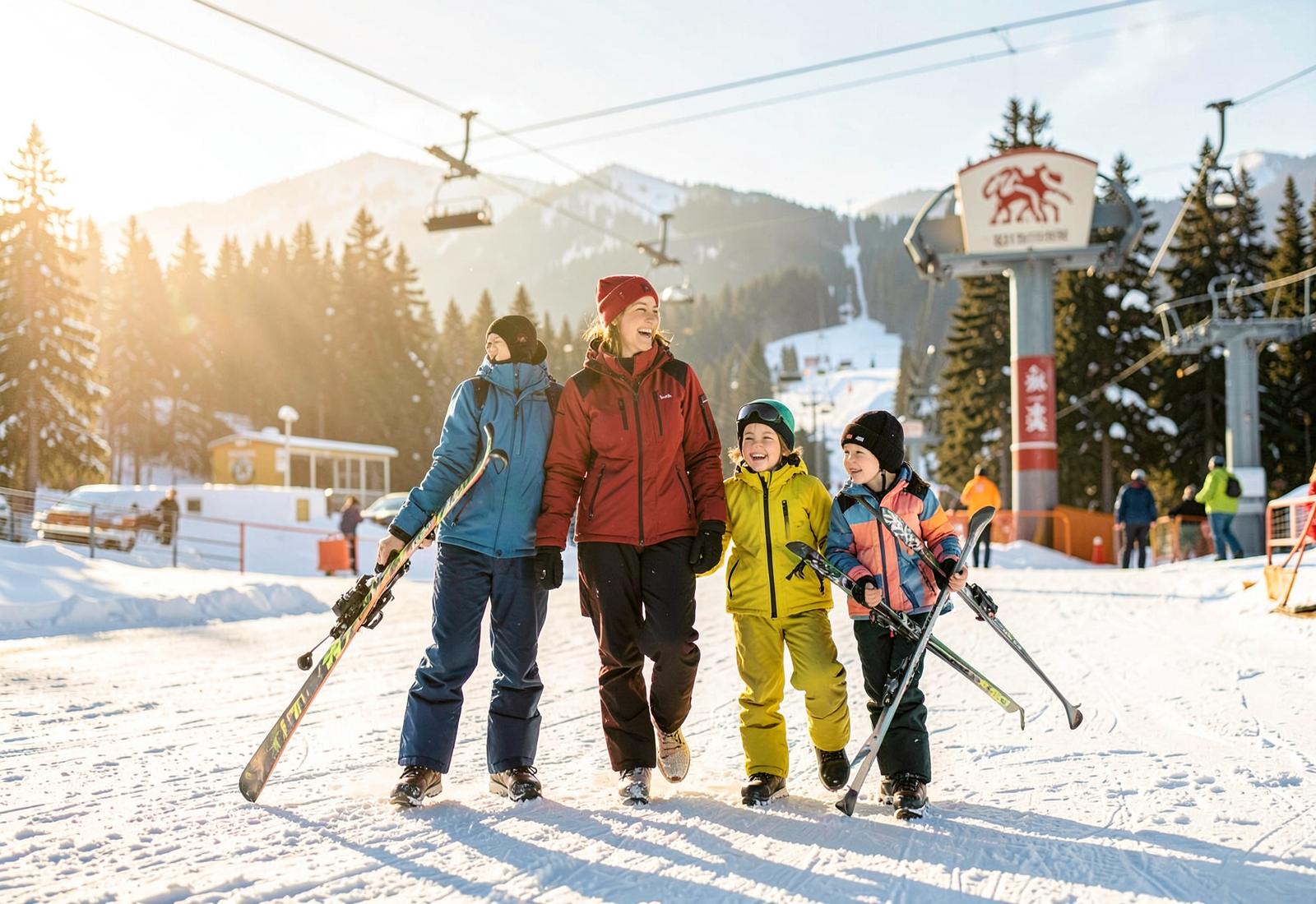 Family in ski gear together at the top of a run