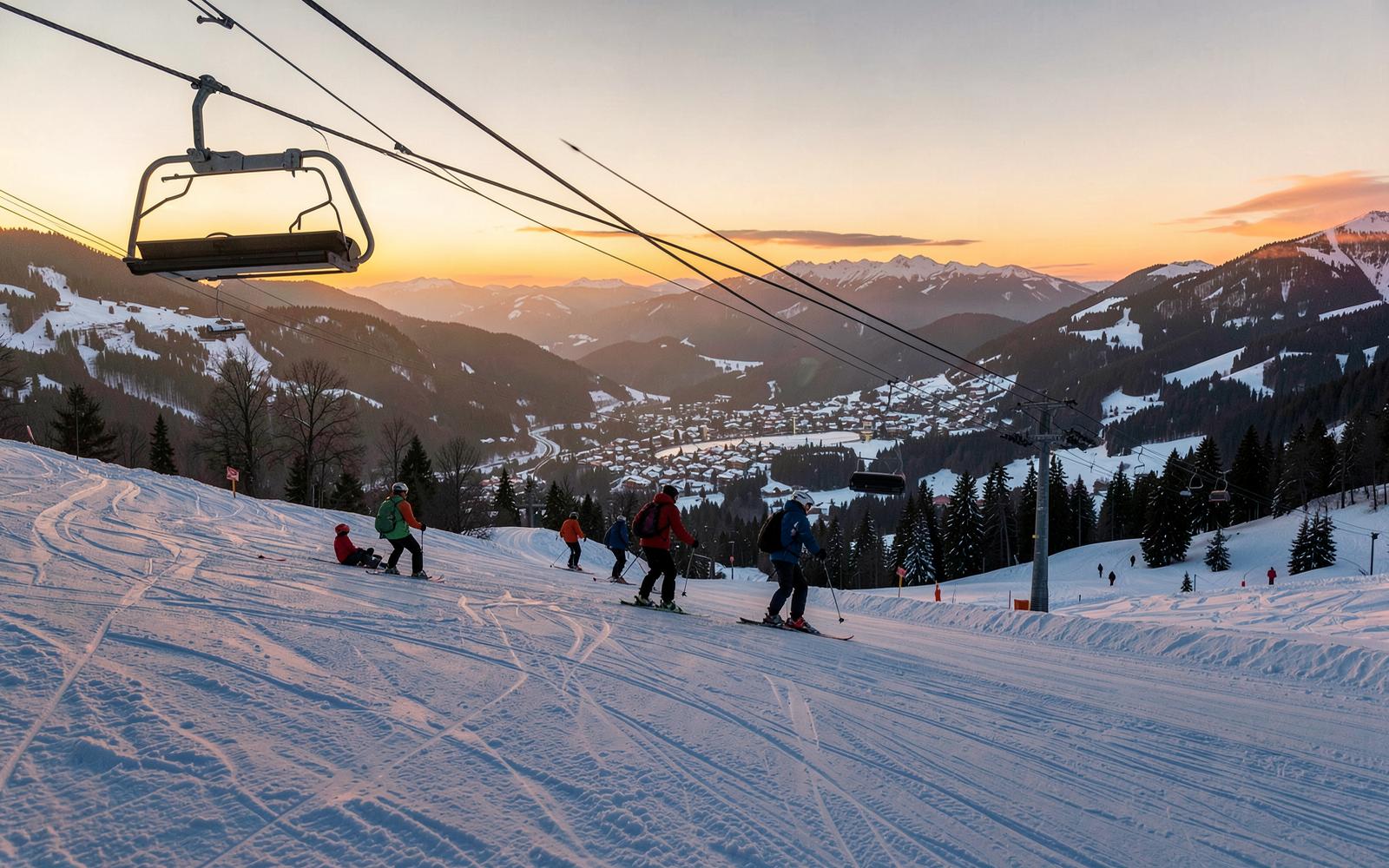 Skiers boarding a chairlift on a cold blue morning