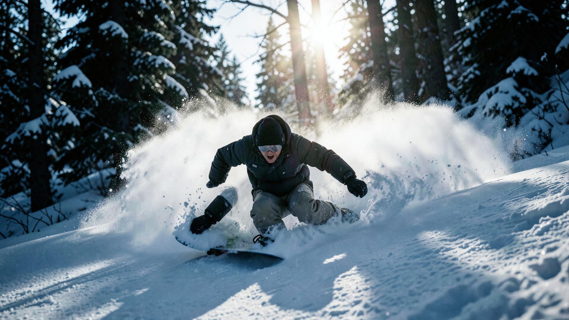 Snowboarder slashing deep powder through trees
