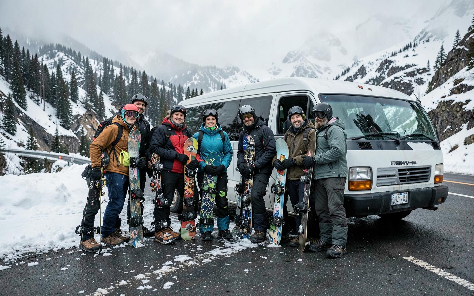 Snowboarders with boards beside a van at a snowy mountain pass