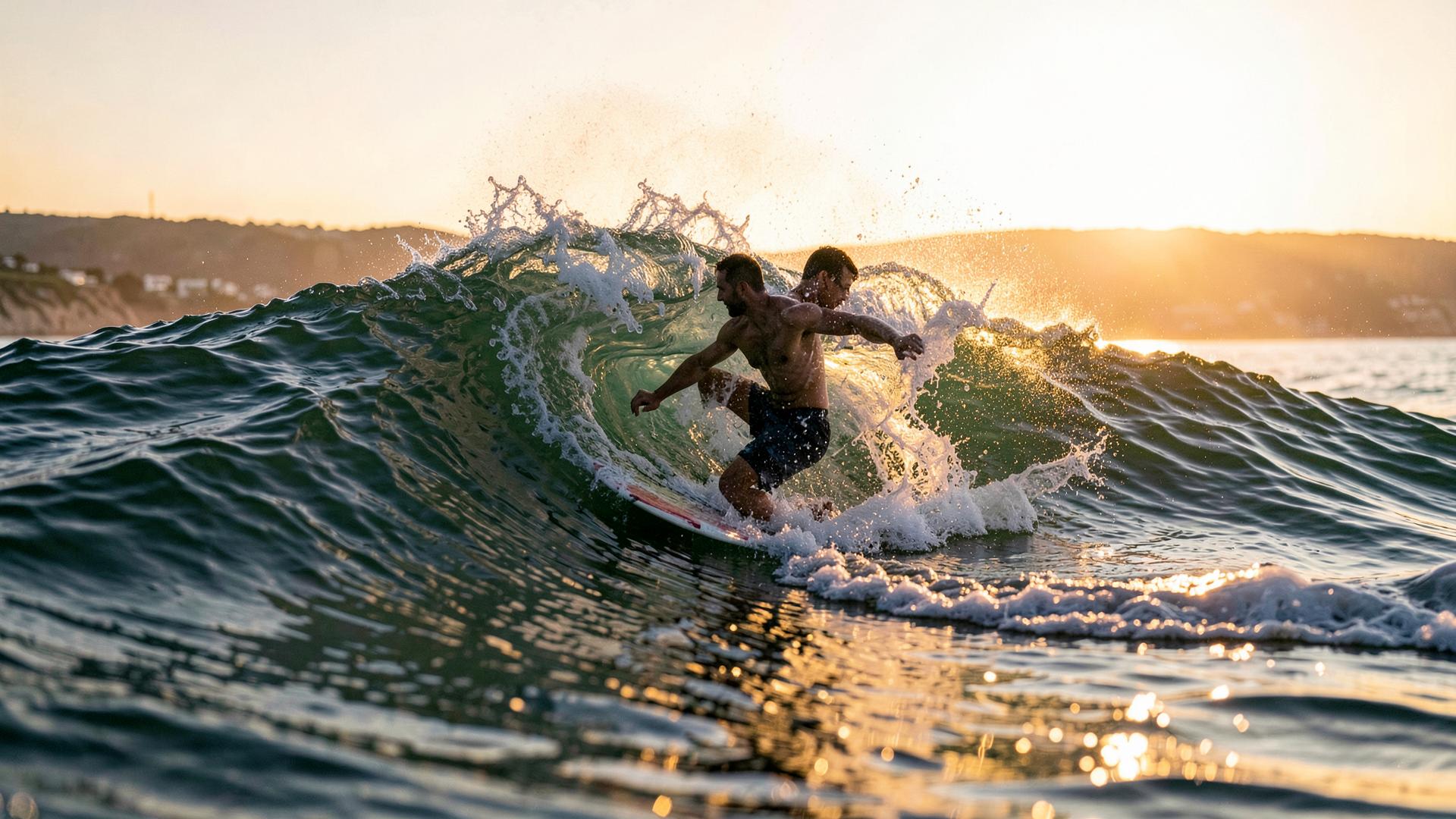 Surfer carving the face of a clean wave at sunrise