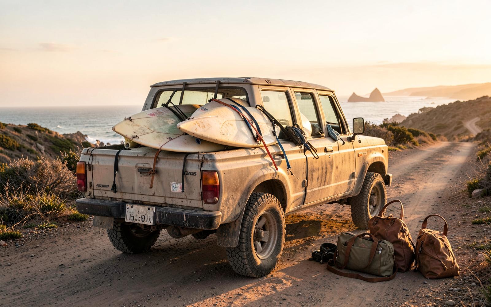 Surfboards on a truck parked above a remote coastal point break