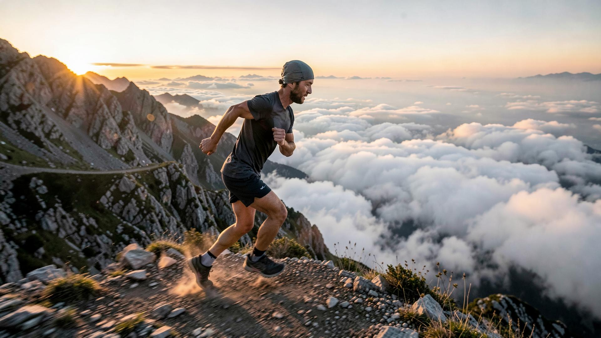 Trail runner moving fast along an exposed mountain ridge at dawn