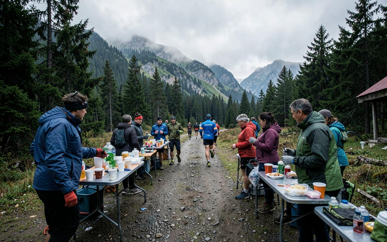 Remote mountain ultramarathon aid station with volunteers and runners