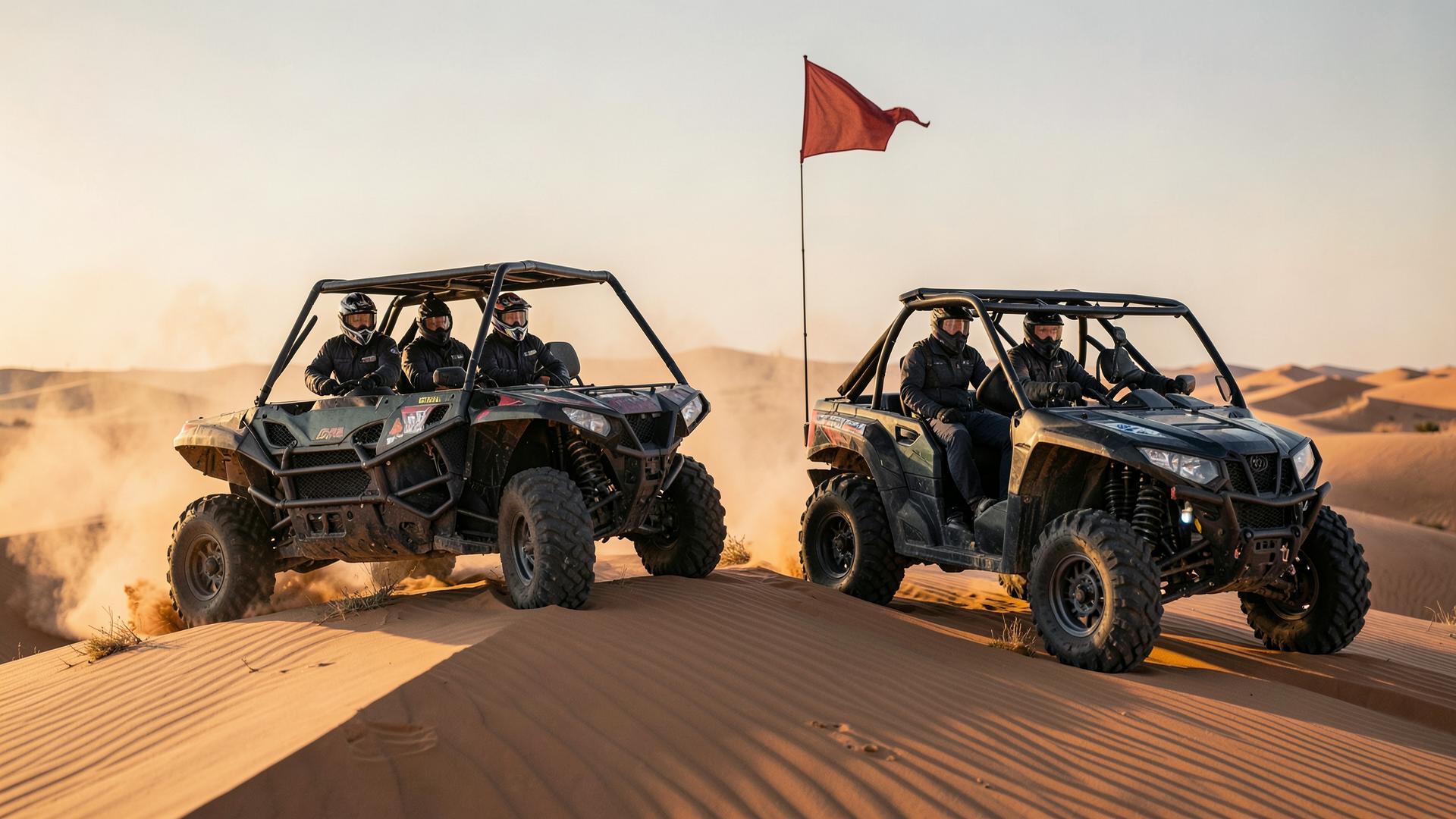 UTV side-by-side kicking up dust on a desert trail