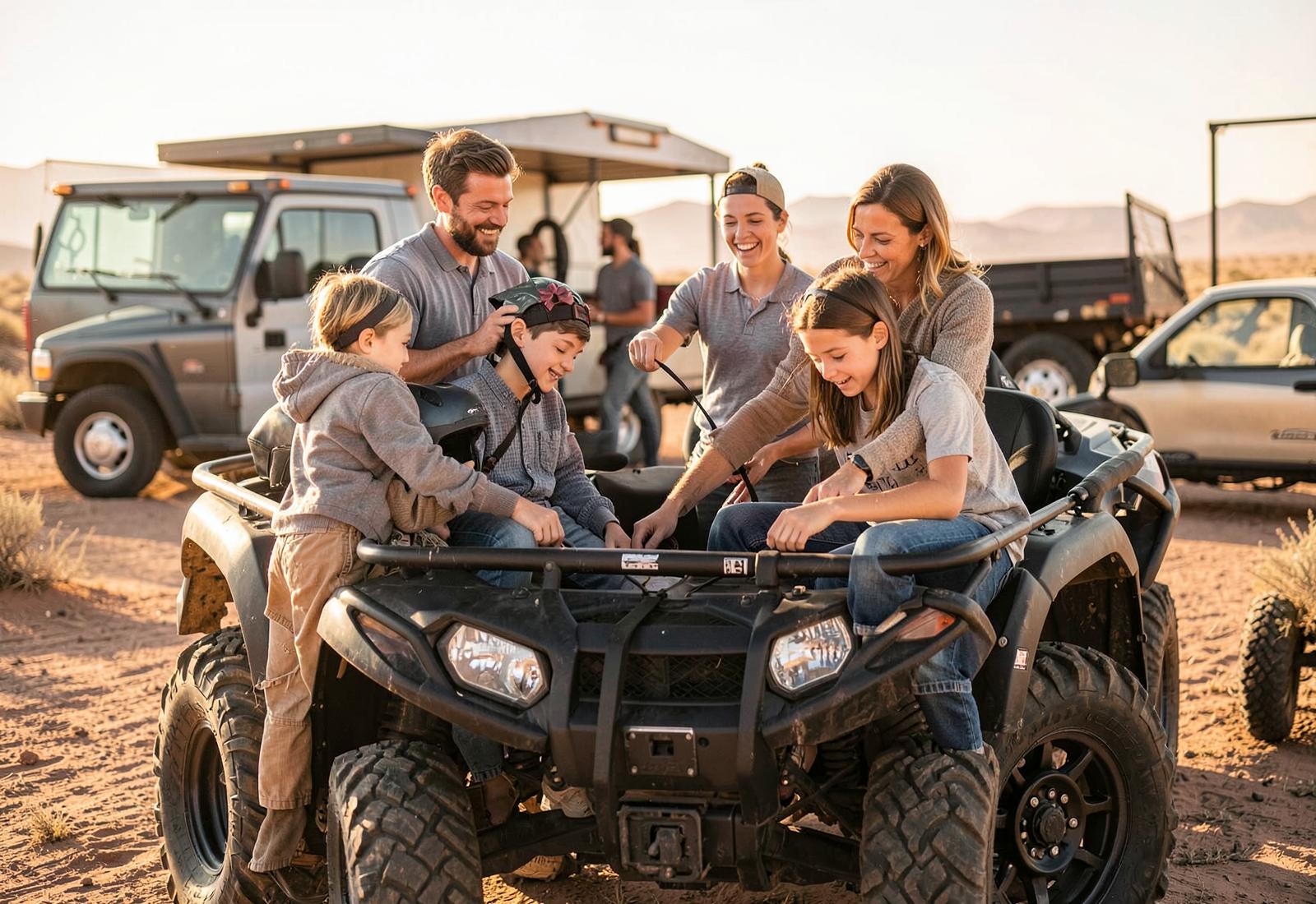 Family loading helmets into a side-by-side before a ride