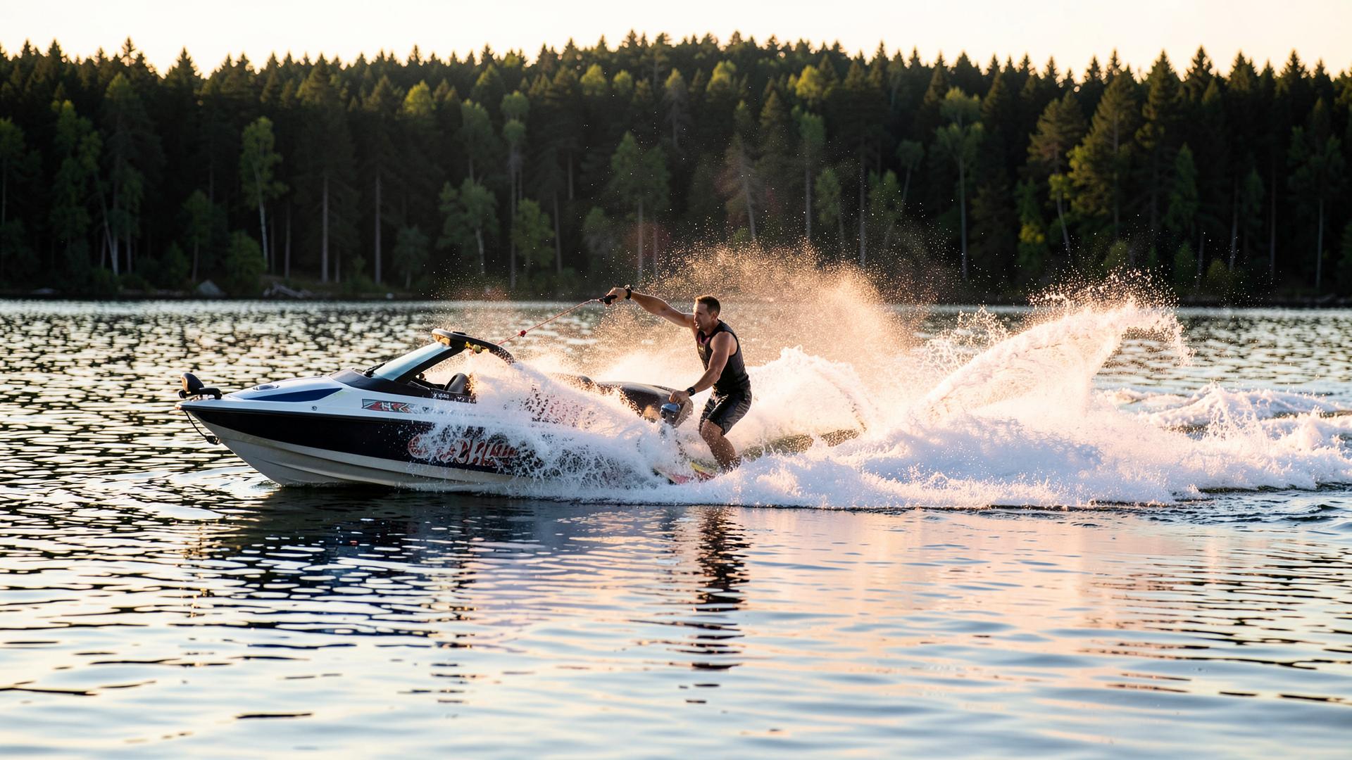 Wakeboarder throwing spray behind a boat on a glassy lake