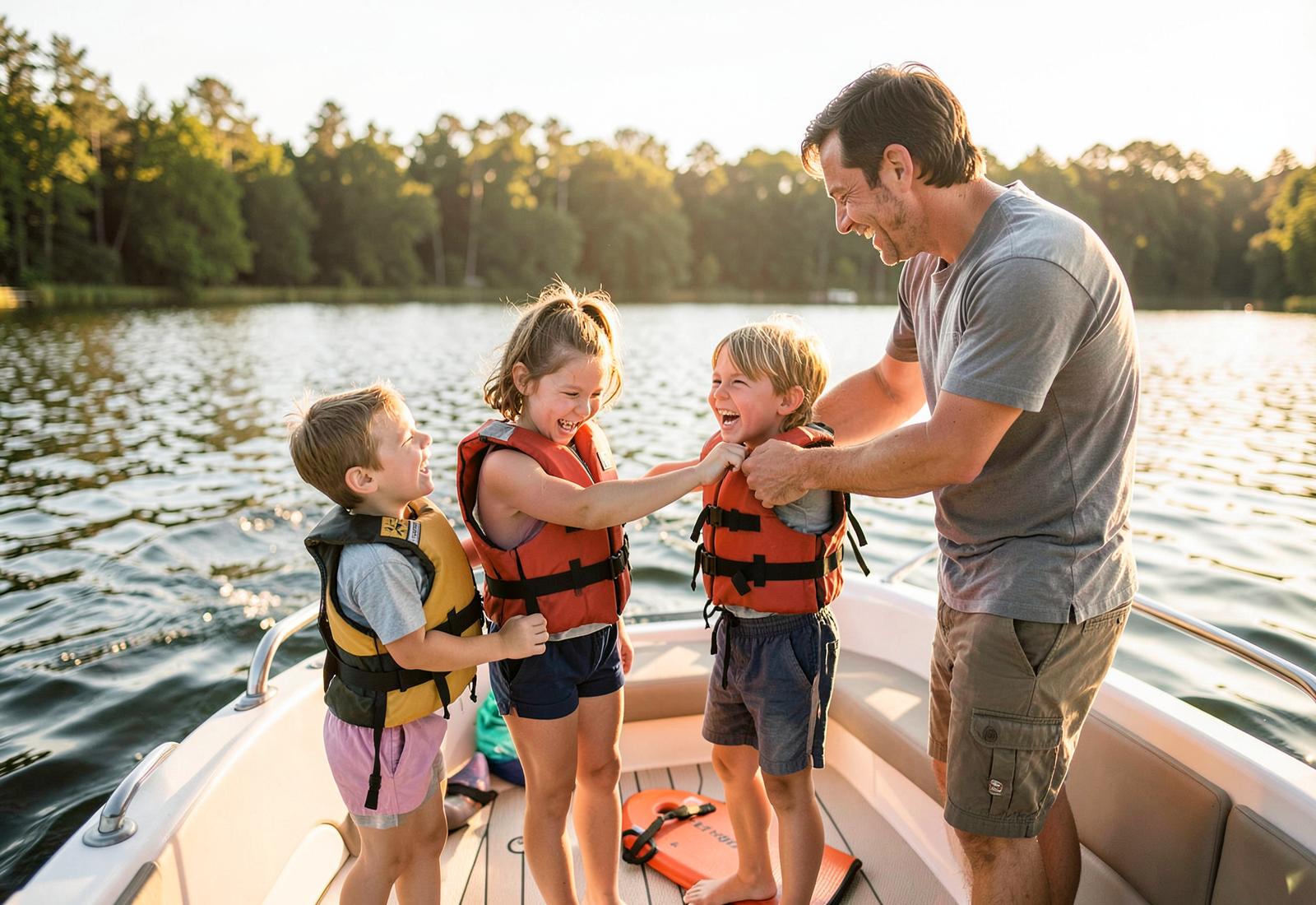 Family on a boat with kids in life jackets