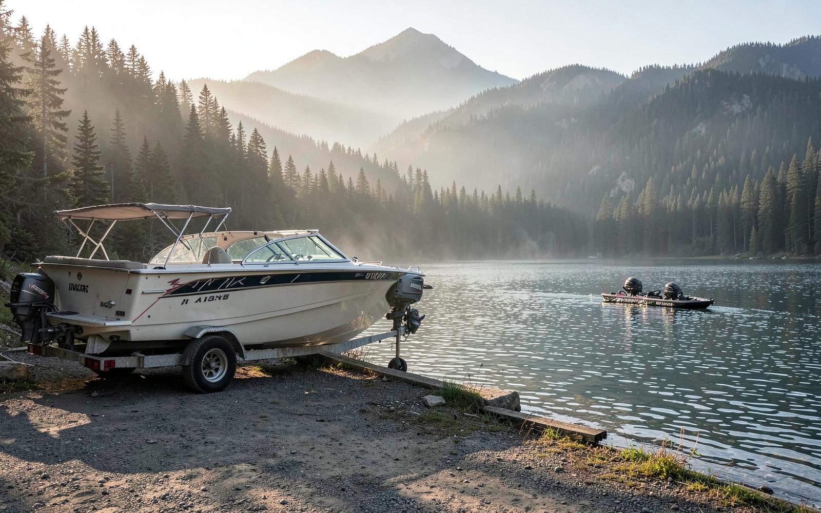 Boat and trailer at a remote mountain lake boat ramp